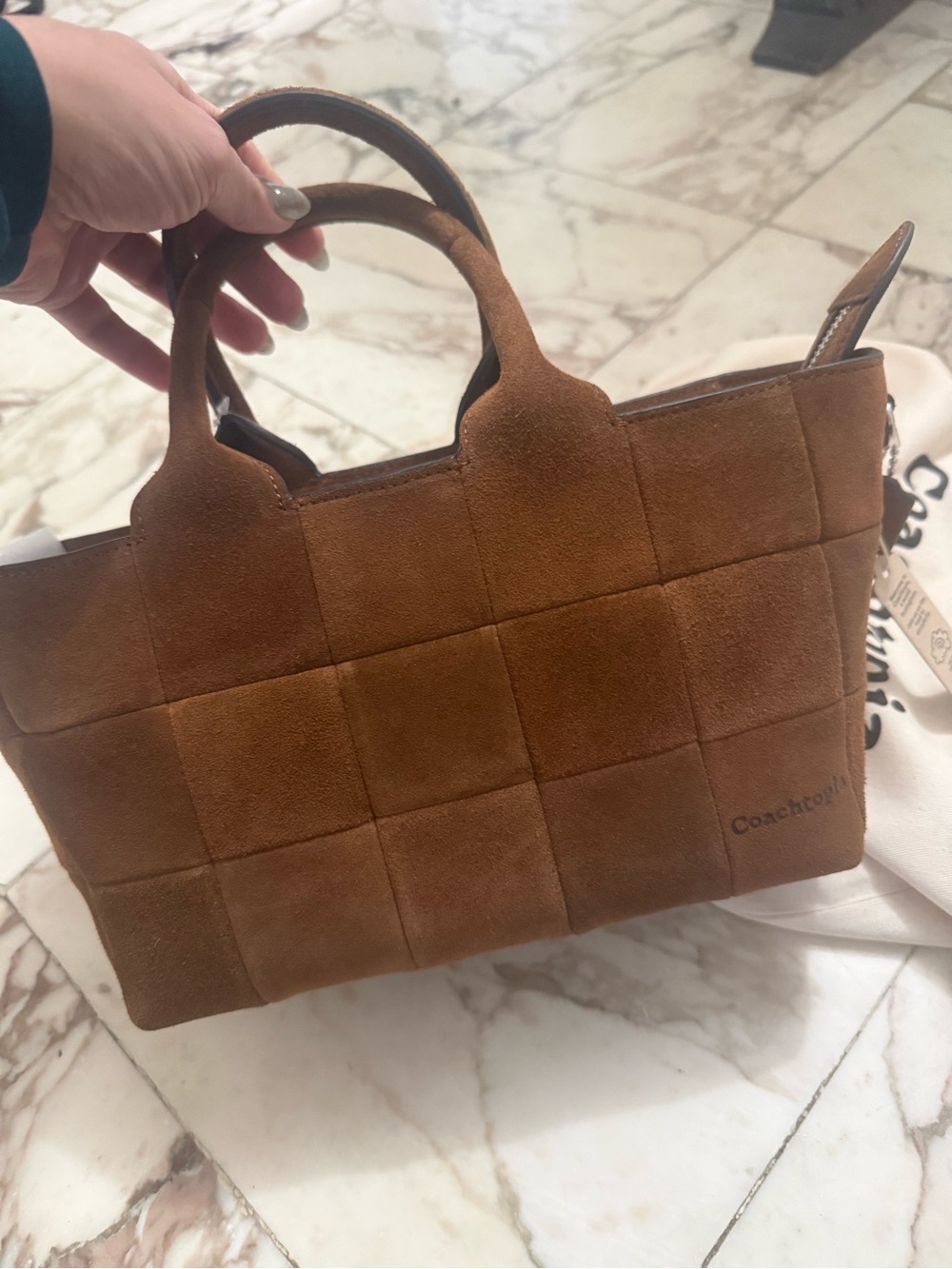 Coach Quilted Suede Tote in Cognac Brown